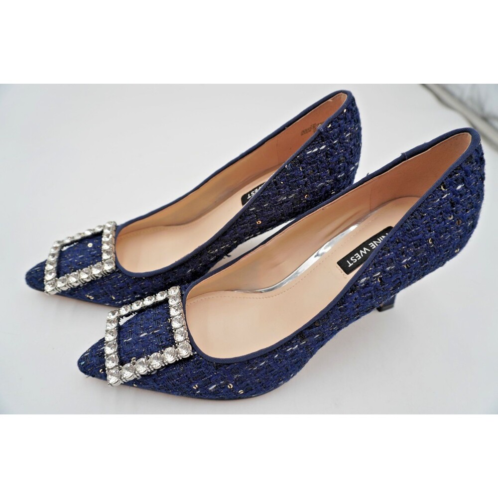 Nine West Womens Sz 7M Jaquee Dark Blue Tweed Embellished Buckle Toe Dress Pumps - Picture 8 of 11